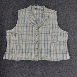 SILK EXCHANGE VTG WHITE PLAID SLEEVELESS 100% SILK WOVEN BUTTON FRONT SHIRT XL